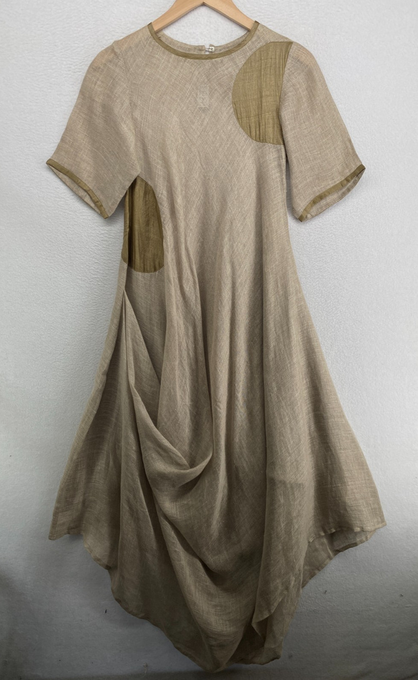 SHARAT SUNDAR Dress M Linen Silk Applique Maxi Lagenlook Boho Beige